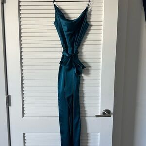 INTERMIX Teal Satin Cowl Neck Dress